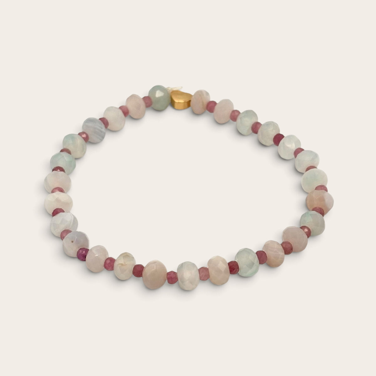 Aqua Agate & Tourmaline Stretch Bracelet with 18k Gold-Filled Heart Spacer