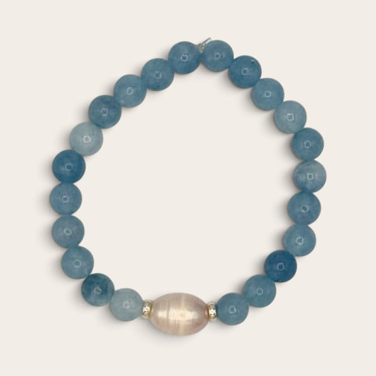 Blue Jade, Freshwater Pearl & Gold-Filled Kids Stretch Bracelet