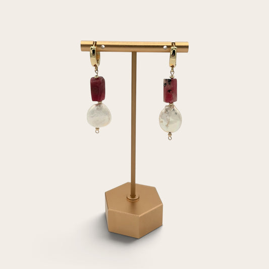 18k Gold-Filled Rhodonite & Freshwater Pearl Huggie Hoop Earrings