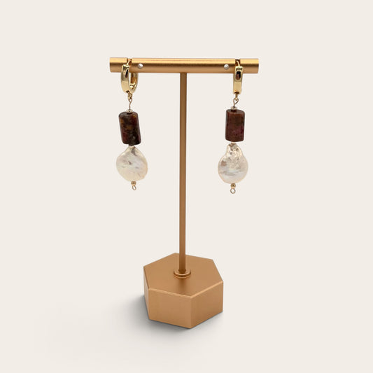 18k Gold-Filled Rhodonite & Freshwater Pearl Huggie Hoop Earrings