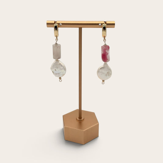 18k Gold-Filled Rhodonite & Freshwater Pearl Huggie Hoop Earrings