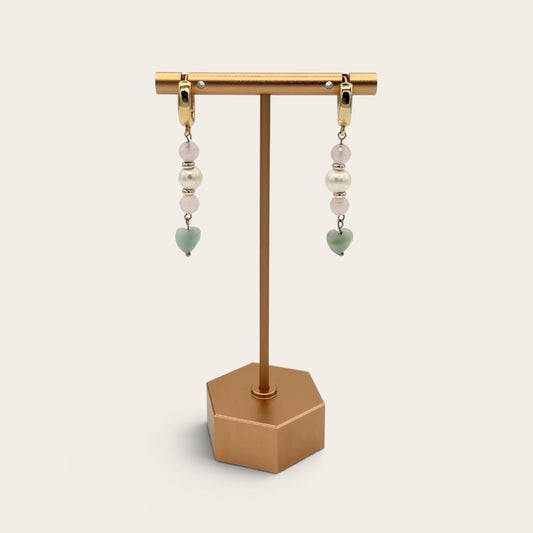 18k Gold-Filled Rose Quartz, Amazonite & Freshwater Pearl Huggie Hoop Dangle Earrings