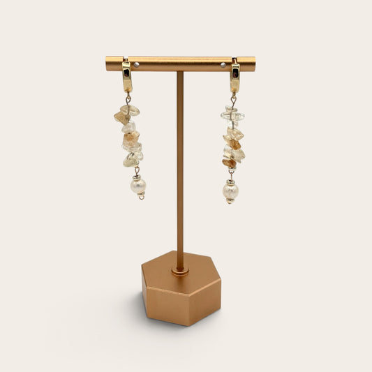 18k Gold-Filled Citrine & Freshwater Pearl Huggie Hoop Dangle Earrings