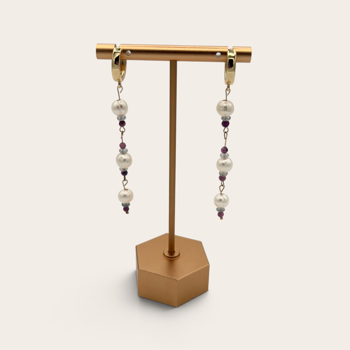 18k Gold Filled Freshwater Pearl, Tourmaline & Labradorite Drop Huggies