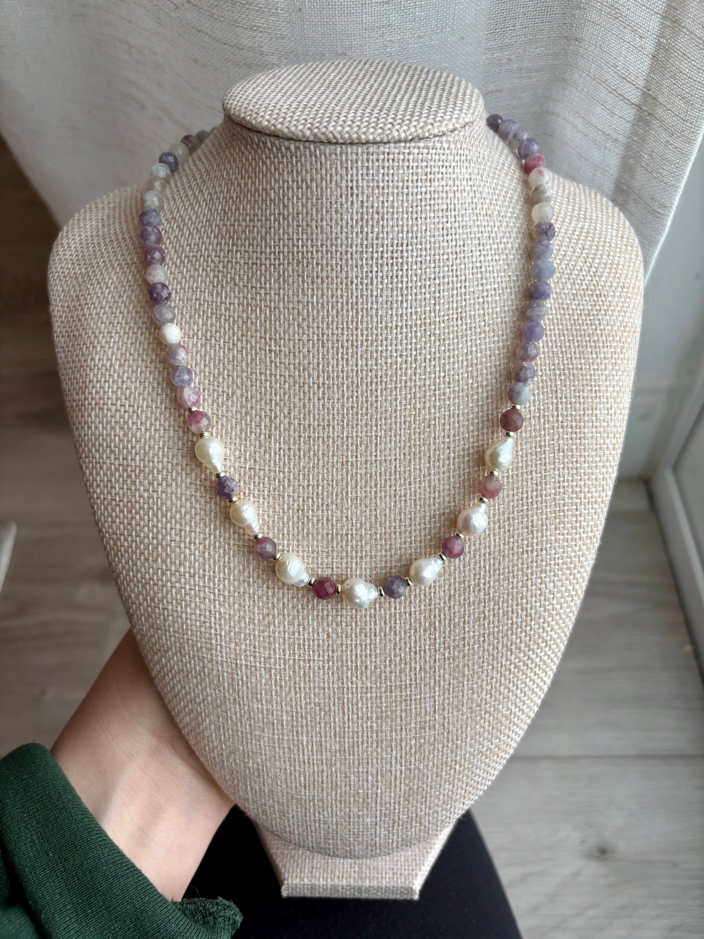 Pink Tourmaline, Lepidolite Quartz & Freshwater Pearls with 18k Gold-Filled Findings
