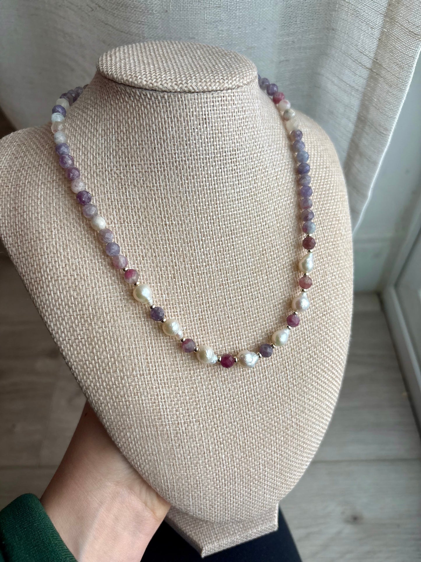 Pink Tourmaline, Lepidolite Quartz & Freshwater Pearls with 18k Gold-Filled Findings