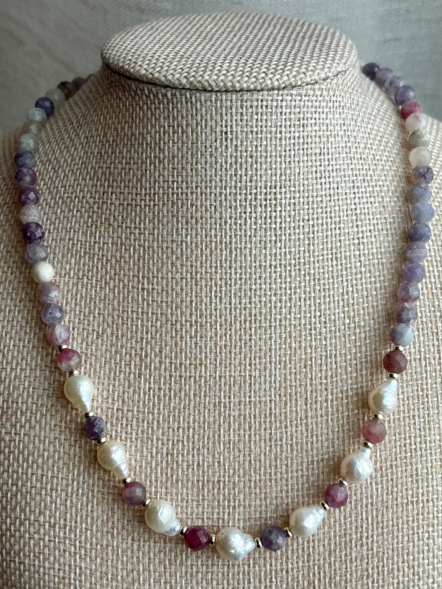 Pink Tourmaline, Lepidolite Quartz & Freshwater Pearls with 18k Gold-Filled Findings