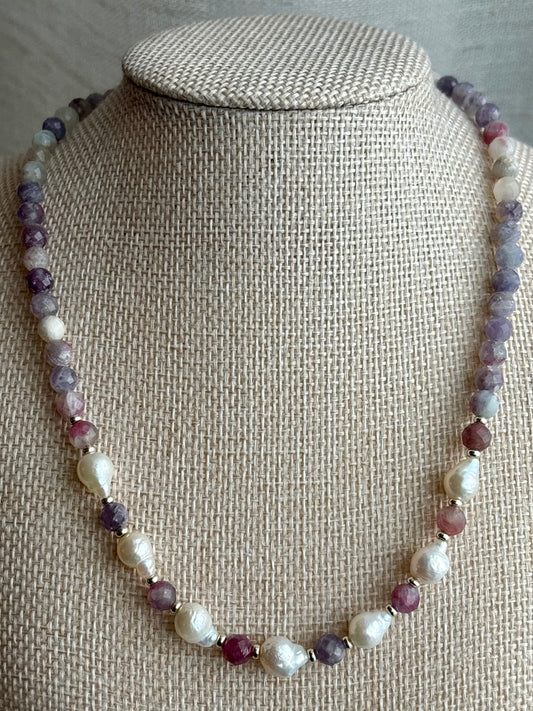 Pink Tourmaline, Lepidolite Quartz & Freshwater Pearls with 18k Gold-Filled Findings
